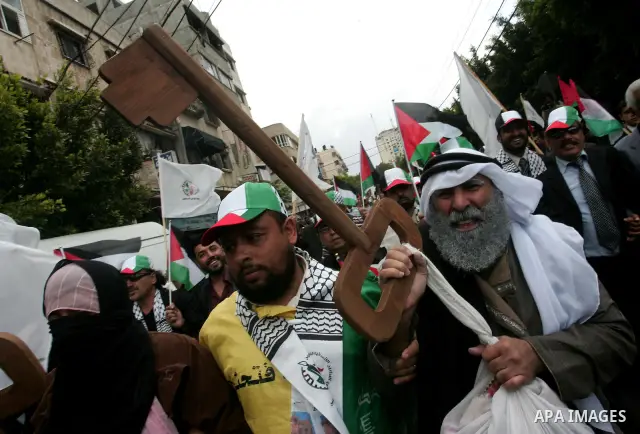 Palestinians Artists take part in a demonstration to mark the 63th anniversary of "Nakba" (catastrophe), in Gaza city, on May 14, 2011. Through the display of theatrical sketch. Nakba means "catastrophe" in reference to...