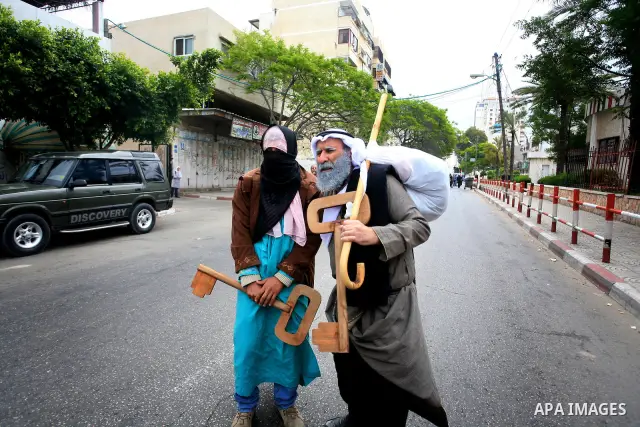 Palestinians Artists take part in a demonstration to mark the 63th anniversary of "Nakba" (catastrophe), in Gaza city, on May 14, 2011. Nakba means "catastrophe" in reference to the birth of the state of Israel 63 years...