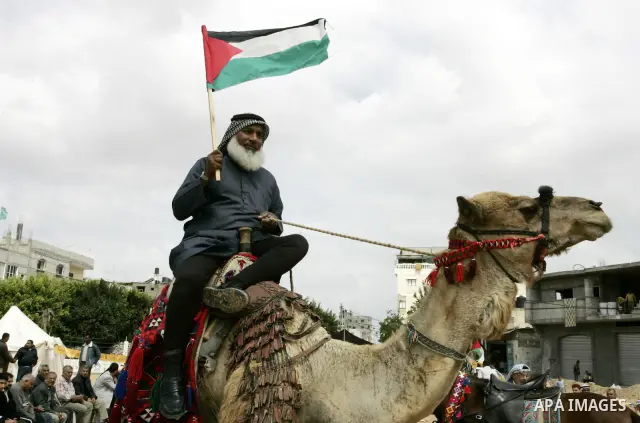 A Palestinian man holds a national flag as he rides a camel at the "Camp of Return" set up on May 14, 2011 in the southern Gaza Strip refugee camp of Rafah, where Palestinians are marking the 63rd anniversary of the 1948...