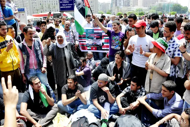 Egyptian demonstrators gather at Cairo's Tahrir Square on May 14, 2011 during a protest in solidarity with the Palestinians as they mark the "Nakba" or "catastrophe" which befell them following Israel's establishment in...