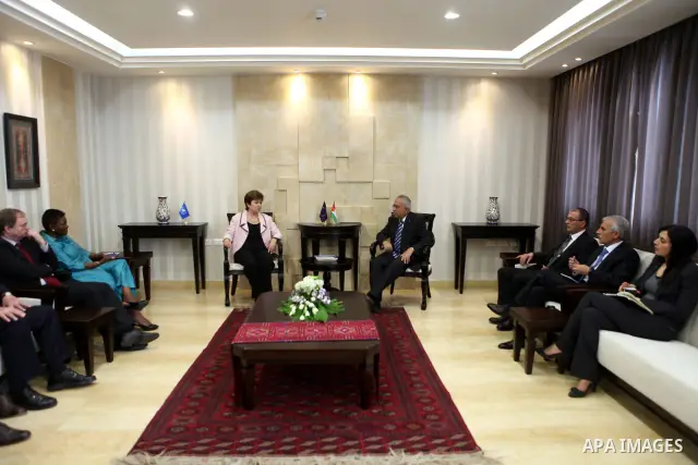 Palestinian Prime Minister, Salam Fayyad during his meeting on May 15, 2011 with Ms. Valerie Amos Under-Secretary-General and Emergency Relief Coordinator and Ms. Kristalina Georgieva the EU Commissioner for Internationa...
