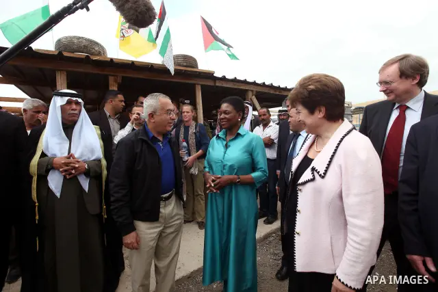 Palestinian Prime Minister, Salam Fayyad during a tour on May 15, 2011 with Ms. Valerie Amos Under-Secretary-General and Emergency Relief Coordinator and Ms. Kristalina Georgieva the EU Commissioner for International Coo...