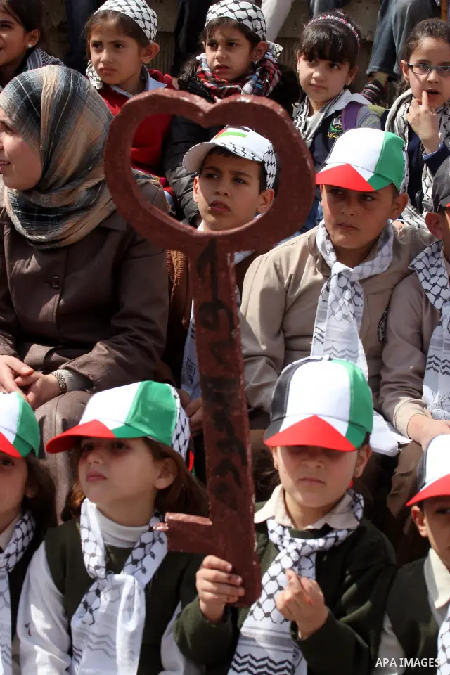 Palestinian children, some of them holding symbolic keys representing the keys to their homes snatched when the state of Israel was created, attend a rally to mark the day of "nakba" or the catastrophe on May 15, 2011 in...
