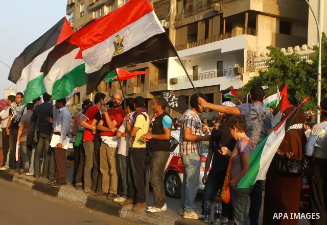Egyptian protesters take part in a protest in front of the Israeli embassy in Cairo on May 15, 2011 in solidarity with Palestinians who mourned the "nakbah" anniversary of Israel's creation in 1948, as a result of which...