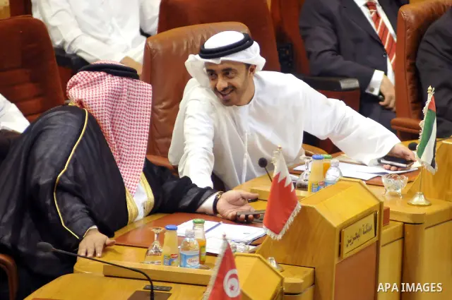 Al-Khalifa of Bahrain Sheikh Khaled bin Ahmed and Sheikh Abdullah bin Zayed al-Nahayan of UAE (2nd-R) during a meeting to select a new secretary general of the Arab League at the institution's headquarters in Cairo on Ma...