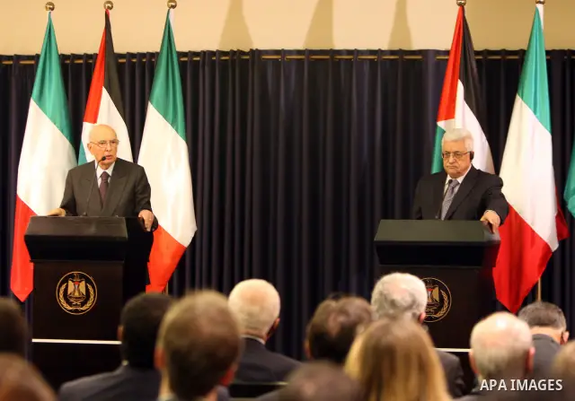 Palestinian President Mahmoud Abbas (Abu Mazen) meets Italy's President Giorgio Napolitano at his office in the biblical town of Bethlehem on May 16, 2011. The Italian president is on a short visit to Israel and the Pale...