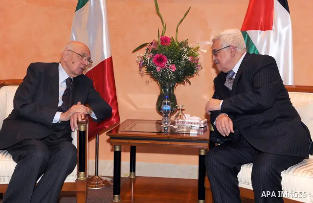 Palestinian President Mahmoud Abbas (Abu Mazen) meets Italy's President Giorgio Napolitano at his office in the biblical town of Bethlehem on May 16, 2011. The Italian president is on a short visit to Israel and the Pale...