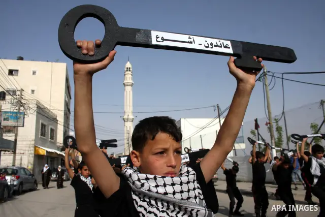 Palestinian boys hold symbolic keys as they take part in a rally marking "Nakba" in the West Bank city of Ramallah May 16, 2011. Palestinians mark the "Nakba", or "catastrophe", on Sunday to commemorate the expulsion or...