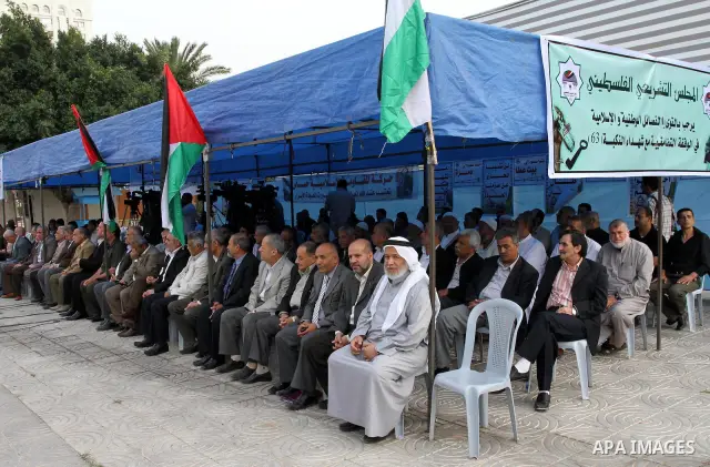 Palestinian factions leaders and legislative council members participate in Gaza city on May 17,2011 in the condolences tent for the martyrs killed in the border between Syria, Lebanon and Israel during rallies to mark 6...