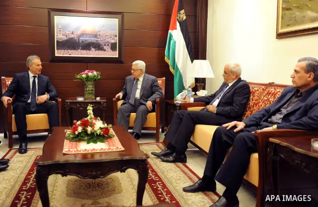 Palestinian President Mahmoud Abbas (Abu Mazen) during a meeting with the Quartet's envoy to the peace process in the Middle East, Tony Blair in the West Bank city of Ramallah on May 19, 2011. Photo by Thaer Ganaim