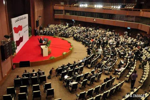 Egyptian Prime Minister, Issam Sharaf delivers speech during the National Reconciliation Conference in Cairo, Egypt on May 21,2011. Photo by Ahmed Asad
