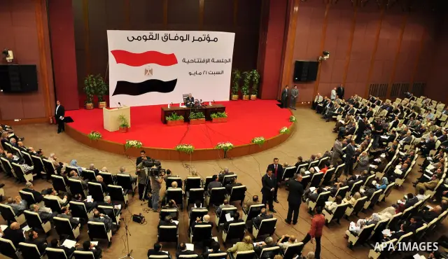 Egyptian Prime Minister, Issam Sharaf delivers speech during the National Reconciliation Conference in Cairo, Egypt on May 21,2011. Photo by Ahmed Asad