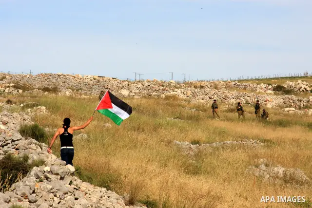 A foreign protester waves with Palestinian flag in front of Israeli soldiers, during a demonstration against Jewish settlements in the northern West Bank village of Iraq Burin, near Nablus, Saturday, May 21, 2011. Photo...