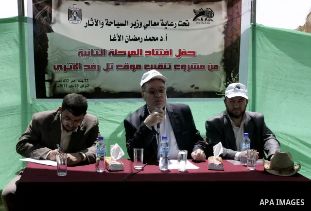 Palestinian tourism and antiquities minister in the Islamist-run government, Mohammed al-Agha attends the openning ceremony of the second stage for searching ancient artifacts recently discovered near the Egyptian border...