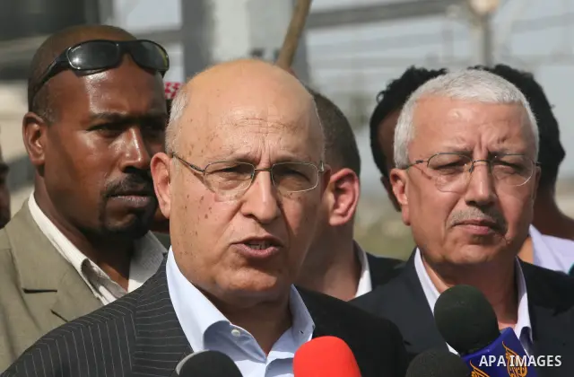 Senior Fatah leader Nabil Shaath speaks to the media as he arrives in the Gaza Strip after crossing the Erez terminal between Israel and northern Gaza, on May 26, 2011. Shaath arrived in Gaza on Thursday for a Second vis...