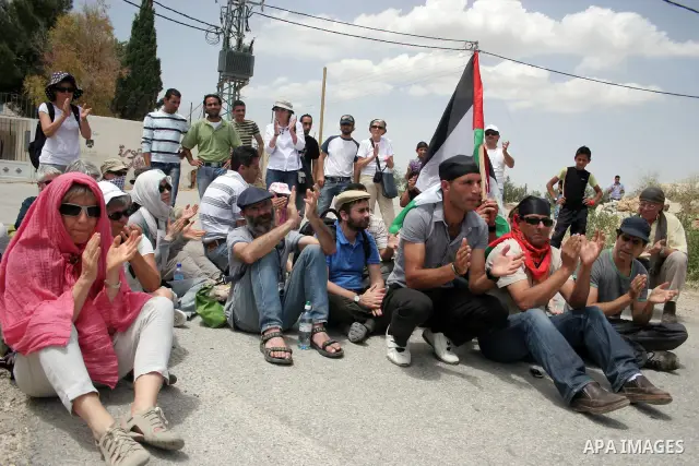 Palestinians and foreign peace activists take part in a demonstration against Israel's controversial separation barrier in the West Bank village of Maasarah, near Bethlehem, on May 27, 2011. Israel says the network of st...