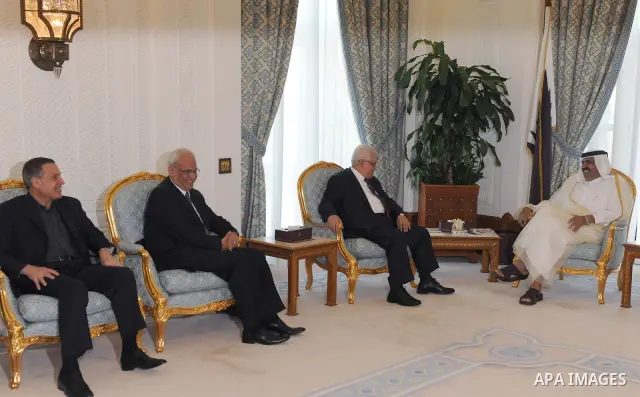 Palestinian President Mahmoud Abbas (Abu Mazen) during a meeting with the Emir of Qatar Sheikh Hamad bin Khalifa al-Thani, in Doha on May 29, 2011. Photo by Thaer Ganaim