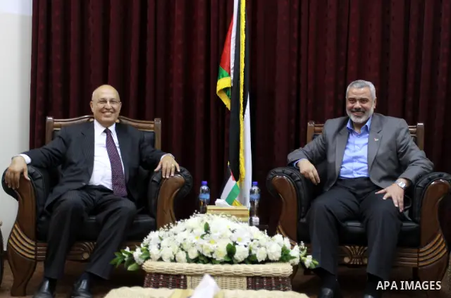 Palestinian Prime Minister in Gaza Strip, Ismail Hanieya meets with Nabil Shaath, Fatah's commissioner of International relations on May 29, 2011 in Gaza City. during the second visit to the Gaza Strip since the reconcil...