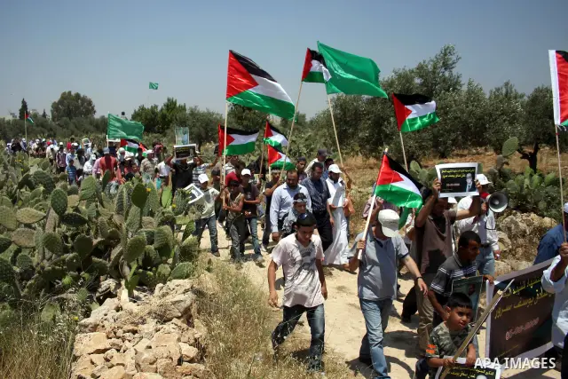 Palestinian demonstrators wave with their national flag during a protest against Israel's separation barrier in the West Bank village of Nilin, near Ramallah, Friday, June 3, 2011. Photo by Issam Rimawi