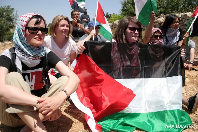 Israeli soldiers stand guard as protesters hold up Palestinian flag during a demonstration by foreign, Israeli and Palestinian activists against the Jewish settlement of Karmei Tzur near the Palestinian village of Beit O...