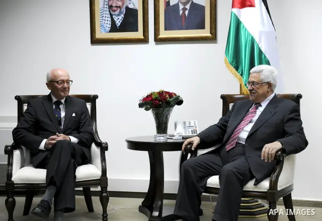 Palestinian President Mahmoud Abbas (Abu Mazen) meets with the Former Norwegian Prime Minister Kare Willoch in the west bank City of Ramallah on June 8, 2011. Photo by Thaer Ganaim
