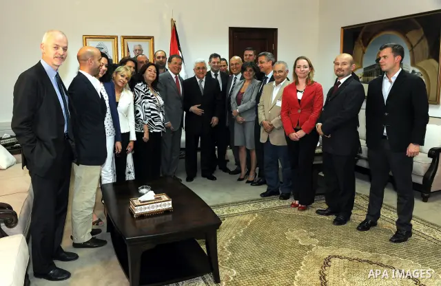 Palestinian President Mahmoud Abbas (Abu Mazen) meets with Socialist International delegation in the West Bank city of Ramallah on June 10, 2011. Photo by Mufeed Abu Hasnah..