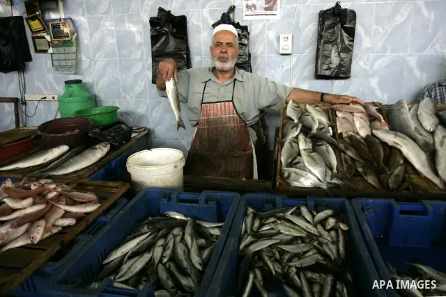 A Palestinian man sells the fish on the market in Rafah refugee camp in the southern Gaza Strip on June 11, 2011. Palestinians said that they rely on fish smuggled through tunnels from Egypt to Gaza. while fishermen suff...