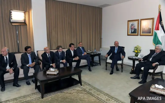 Palestinian President Mahmoud Abbas (Abu Mazen) during a meeting with Vice-President of the Federation of FIFA and the Italian Olympic delegation in the West Bank city of Ramallah on June 11, 2011. Photo by Thaer Ganaim