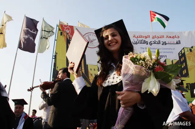 Palestinian students attend a graduation ceremony at the An Najah University in the West Bank city of Nablus ,Wednesday, June 15, 2011. Photo by Wagdi Eshtayah ..