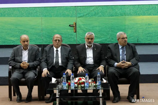 Palestinian Prime Minister in Gaza, Ismail Haniya during the memorial service of Mohammed Shama`, a leader of the Brotherhood and one of the founders of Hamas in the Islamic University in Gaza City on June 18, 2011. Phot...