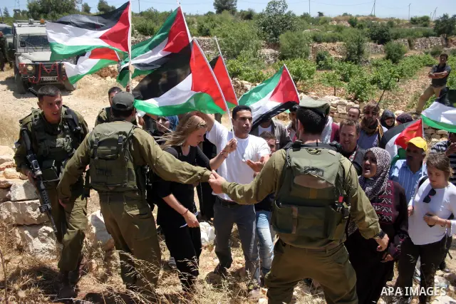 Israeli soldiers scuffle with protesters on Jun 18, 2011 during a demonstration by foreign, Israeli and Palestinian activists against the Jewish settlement of Karmei Tzur near the Palestinian village of Beit Omar, just n...