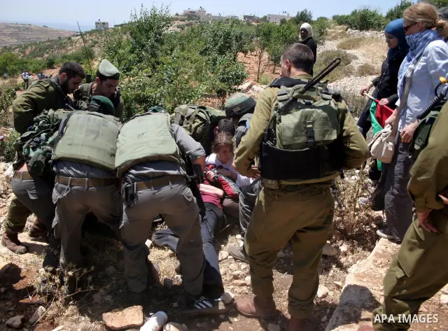Israeli soldiers scuffle with protesters on Jun 18, 2011 during a demonstration by foreign, Israeli and Palestinian activists against the Jewish settlement of Karmei Tzur near the Palestinian village of Beit Omar, just n...