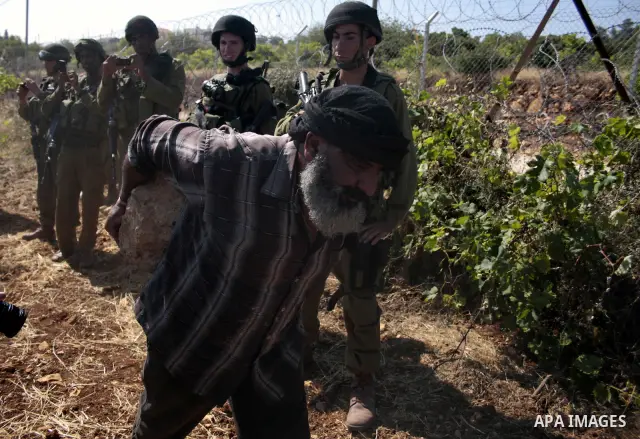 Israeli soldiers stand guards as protesters help a Palestinian farmer in his land on Jun 24, 2011 during a demonstration by foreign, Israeli and Palestinian activists against the Jewish settlement of Karmei Tzur near the...