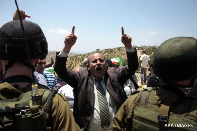 Israeli soldiers scuffle with Palestinian, Israeli and foreign activists during a demonstration against the demolishing of farm land to be used in the construction of Jewish settlements near the existing Israeli settleme...