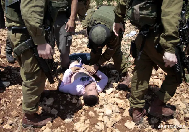 Israeli soldiers detain a Palestinian protester during a demonstration against the demolishing of farm land to be used in the construction of Jewish settlements near the existing Israeli settlement of Karmi Tsor near the...