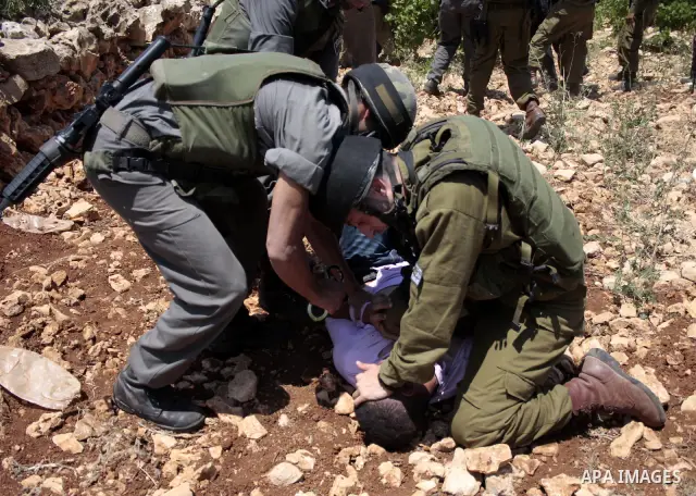 Israeli soldiers detain a Palestinian protester during a demonstration against the demolishing of farm land to be used in the construction of Jewish settlements near the existing Israeli settlement of Karmi Tsor near the...