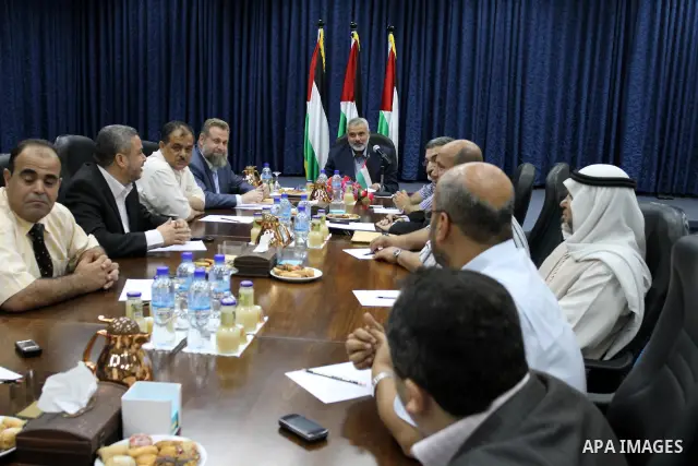 Palestinian Prime Minister in Gaza strip, Ismail Haniya meets with the universities professors in his office in Gaza city on June 26, 2011. Photo by Mohammed Asad