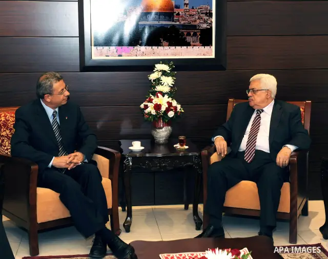 Palestinian President Mahmoud Abbas (Abu Mazen) meets with a Deputy in the Palestinian Legislative Council, Mustafa Al-Barghouti in the West Bank city of Ramallah on June 26, 2011. Photo by Mufeed Abu Hasnah