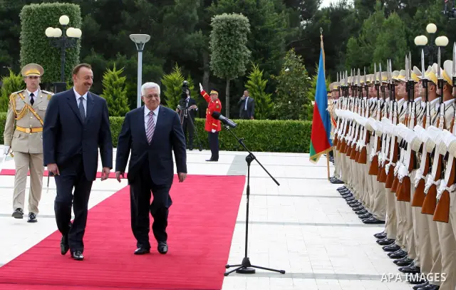 Palestinian president Mahmoud abbas (Abu Mazen) arrives to Azerbaijan and meets with Azerbaijan's President Ilham Aliyev in the capital Baku on Jun 28,2011. Photo by Thaer Ganaim