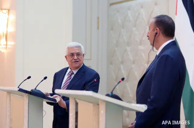 Palestinian president Mahmoud abbas (Abu Mazen) arrives to Azerbaijan and meets with Azerbaijan's President Ilham Aliyev in the capital Baku on Jun 28,2011. Photo by Thaer Ganaim