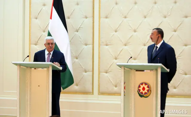 Palestinian president Mahmoud abbas (Abu Mazen) arrives to Azerbaijan and meets with Azerbaijan's President Ilham Aliyev in the capital Baku on Jun 28,2011. Photo by Thaer Ganaim