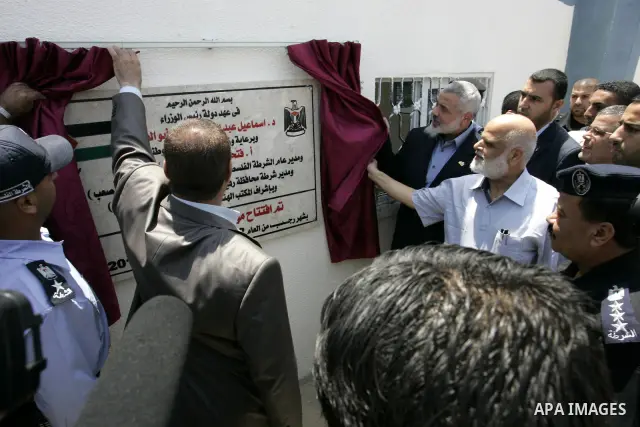 Palestinian Prime Minister in Gaza strip, Ismail Haniya during opening the headquarters of the new Palestinian police, which was rebuilt after destroyed in the Israeli war on Gaza in 2008-2009 in Rafah, southern Gaza Str...