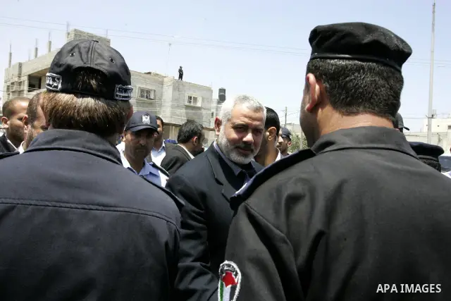 Palestinian Prime Minister in Gaza strip, Ismail Haniya during opening the headquarters of the new Palestinian police, which was rebuilt after destroyed in the Israeli war on Gaza in 2008-2009 in Rafah, southern Gaza Str...