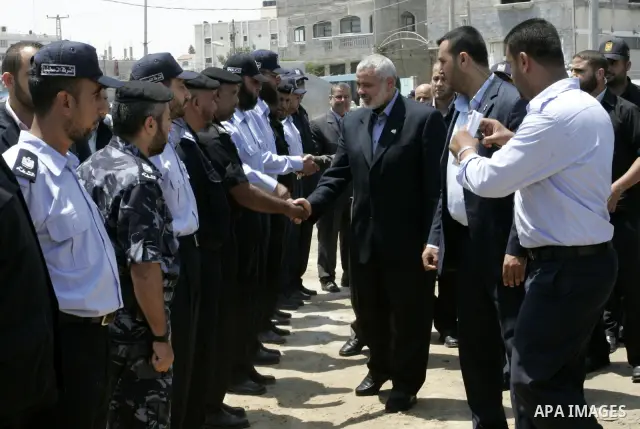 Palestinian Prime Minister in Gaza strip, Ismail Haniya during opening the headquarters of the new Palestinian police, which was rebuilt after destroyed in the Israeli war on Gaza in 2008-2009 in Rafah, southern Gaza Str...