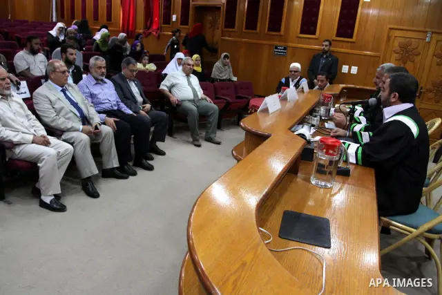 Palestinian Prime Minister in Gaza strip, Ismail Haniya attends the discussion of the Master of blind students at the Islamic University in Gaza city on July 2, 2011. Photo by Mohammed Asad