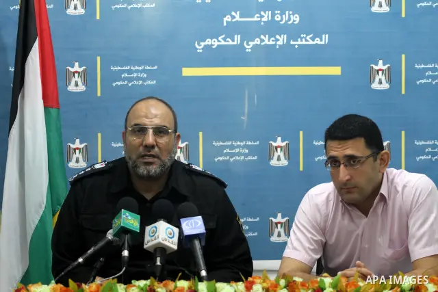 Palestinian director General of Civil Defense ( brigadier General) Yusuf al-Zahar delivers a speech during a press conference in Gaza city on July 3, 2011. Photo by Mohammed Asad