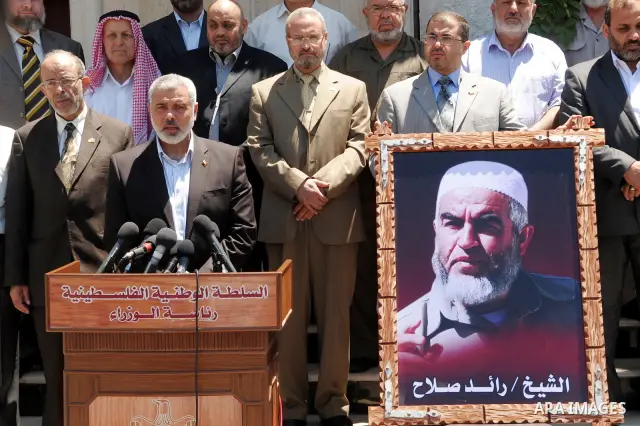 Palestinian Prime Minister in Gaza Strip, Ismail Haniya delivers a speech during a press conference in support with Sheikh Raed Salah in Gaza city o July 5, 2011. After the controversial Arab-Israeli Islamist leader was...