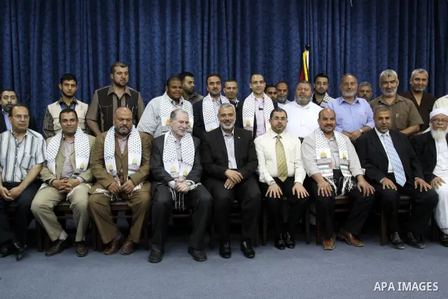 Palestinian Prime Minister in Gaza strip, Ismail Haniya meets with delegation from the Federation of Arab doctors in his office in Gaza city on July 7, 2011. Photo by Mohammed Asad