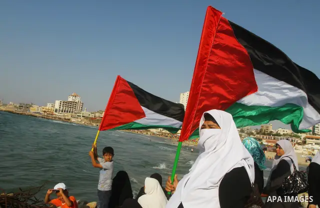 Palestinians take Part during a protest in the port at Gaza City on July 7, 2011. Pro-Palestinian activists hoping to sail to Gaza this week fully expected their flotilla to be blocked by Israeli marines. Photo by Ashraf...