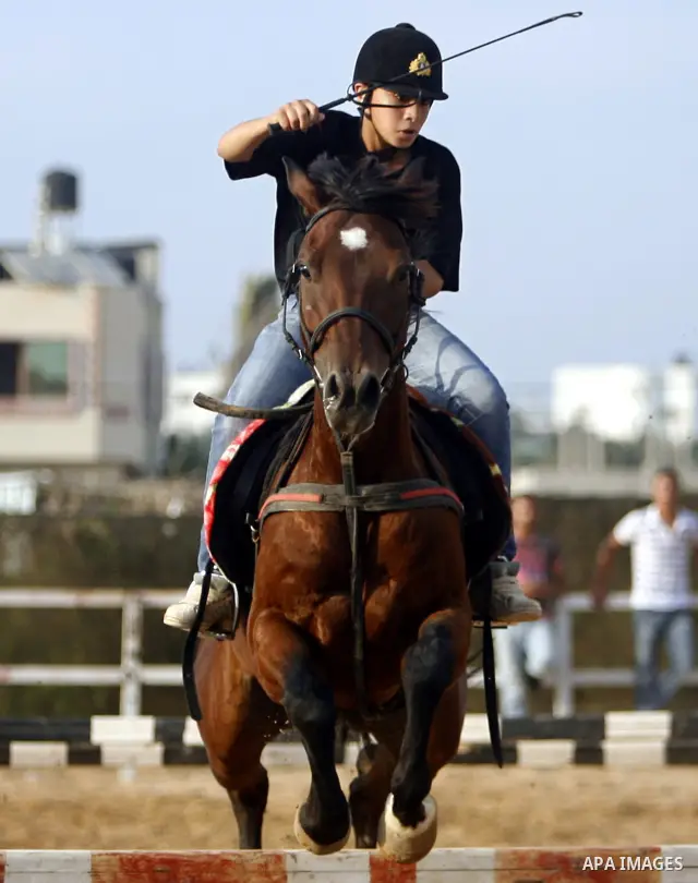 A Palestinian rides a horse during the "Jump Championship" race in Gaza City July 8, 2011. Photo by Ali Jadallah